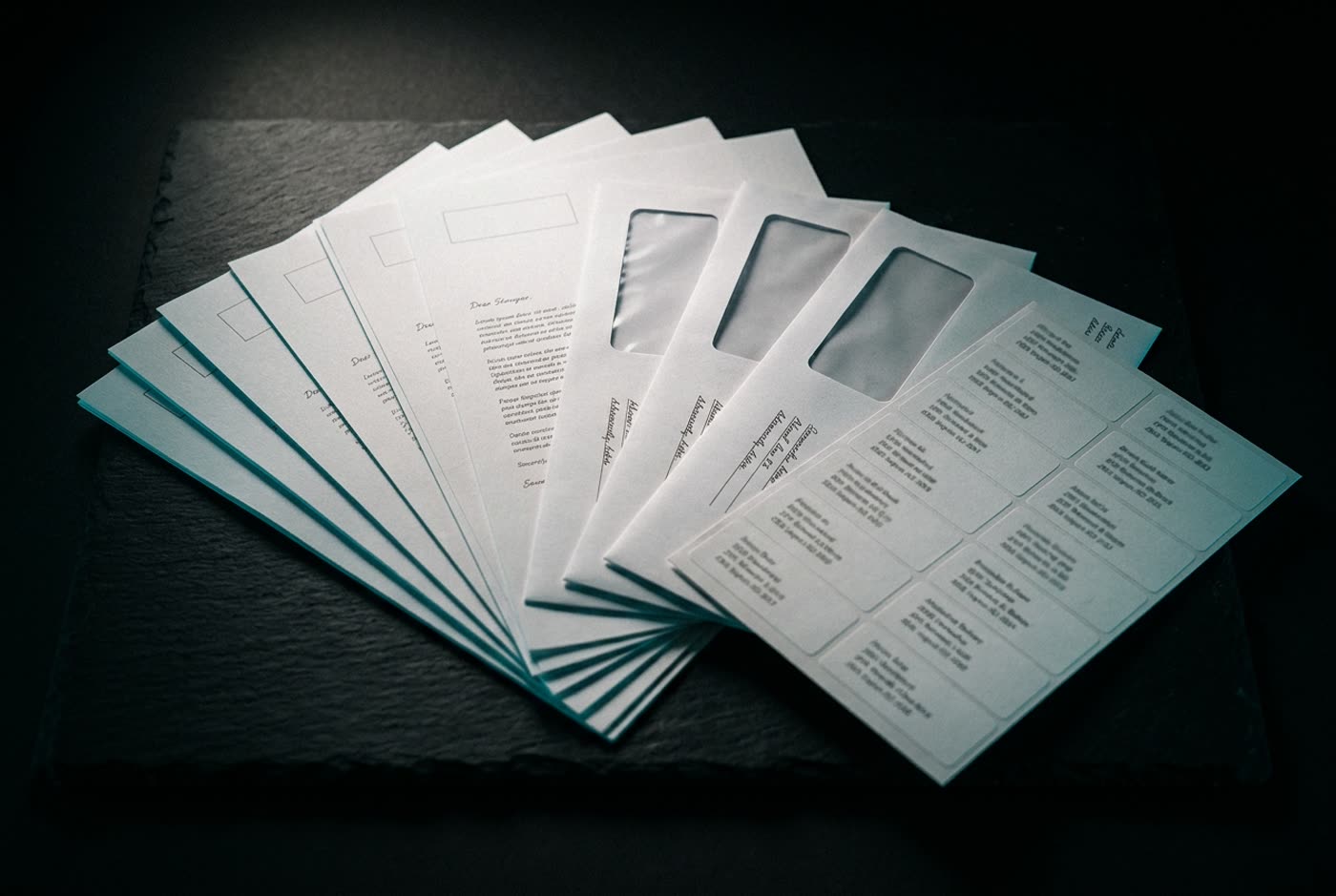 Lettres, enveloppes et étiquettes de campagne imprimées, prêtes à poster